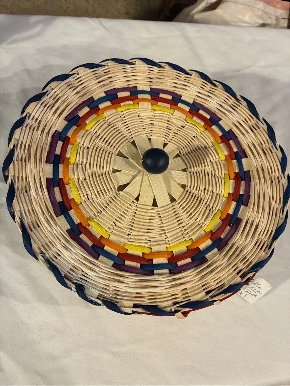 Handwoven Tortilla Basket Natural Wicker Basket Multicolor Accent Lid Wood Knob